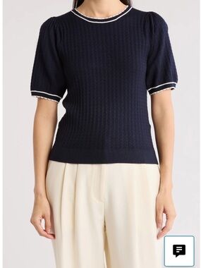 Adrianna Papell Ladylike Scalloped Short Sleeve Sweater | Size Large